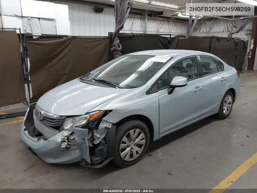 2012 Honda Civic Lx VIN: 2HGFB2F58CH598259 Lot: 42652332