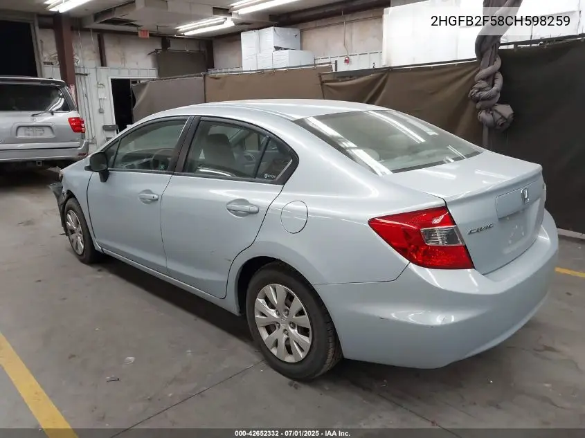 2012 Honda Civic Lx VIN: 2HGFB2F58CH598259 Lot: 42652332