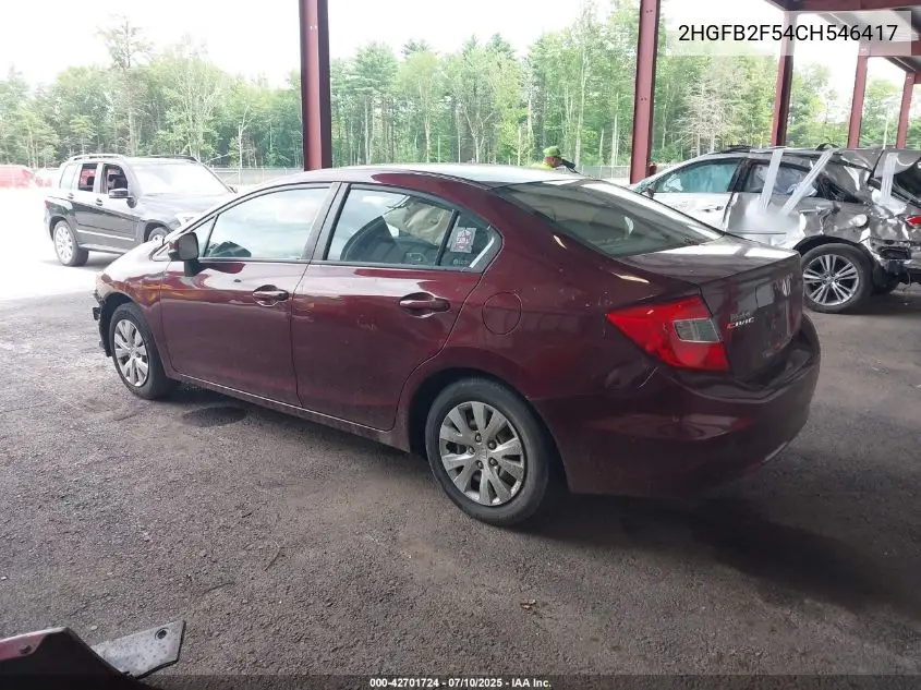 2012 Honda Civic Lx VIN: 2HGFB2F54CH546417 Lot: 42701724