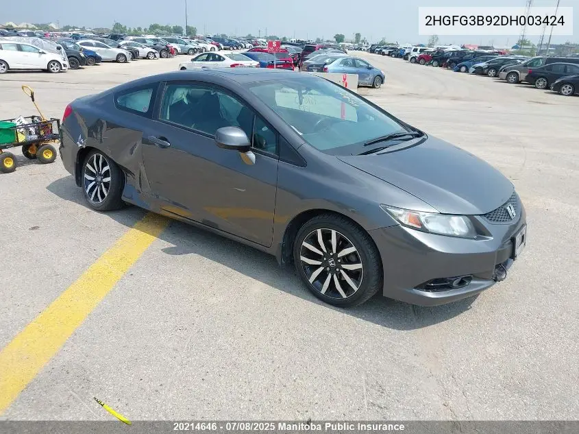 2013 Honda Civic Ex-L VIN: 2HGFG3B92DH003424 Lot: 20214646