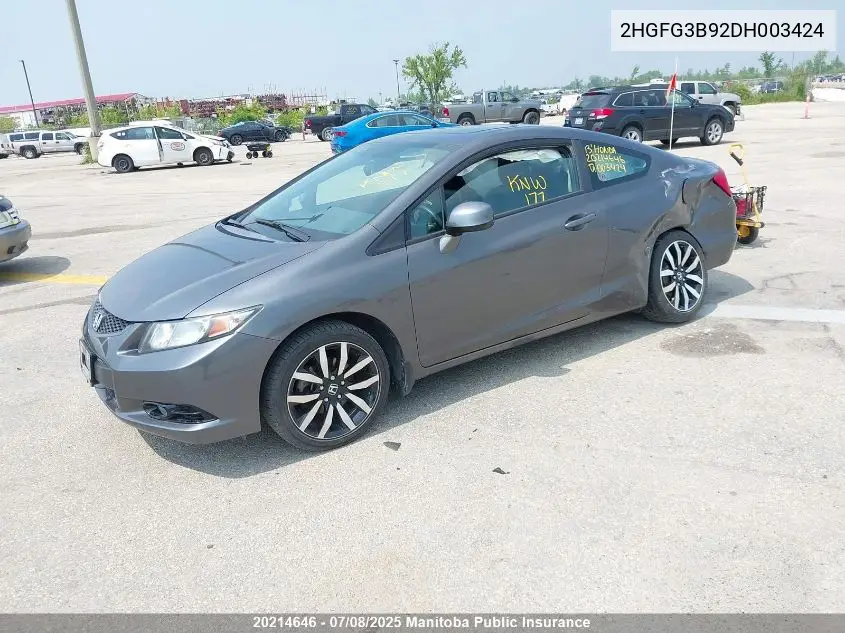 2013 Honda Civic Ex-L VIN: 2HGFG3B92DH003424 Lot: 20214646