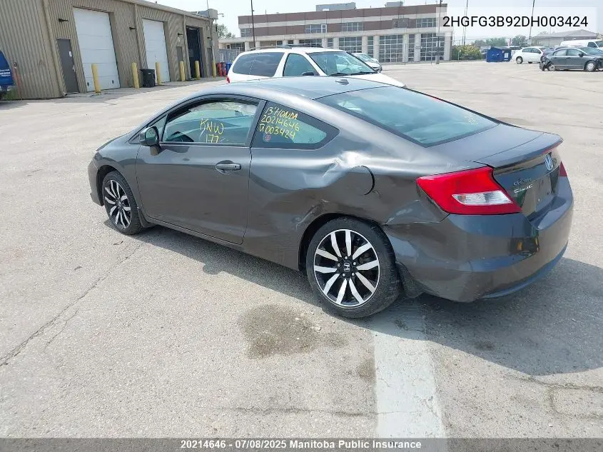 2013 Honda Civic Ex-L VIN: 2HGFG3B92DH003424 Lot: 20214646