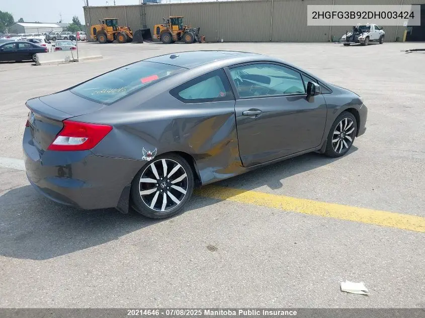 2013 Honda Civic Ex-L VIN: 2HGFG3B92DH003424 Lot: 20214646