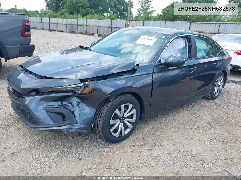 2022 Honda Civic Lx VIN: 2HGFE2F26NH532678 Lot: 42618080