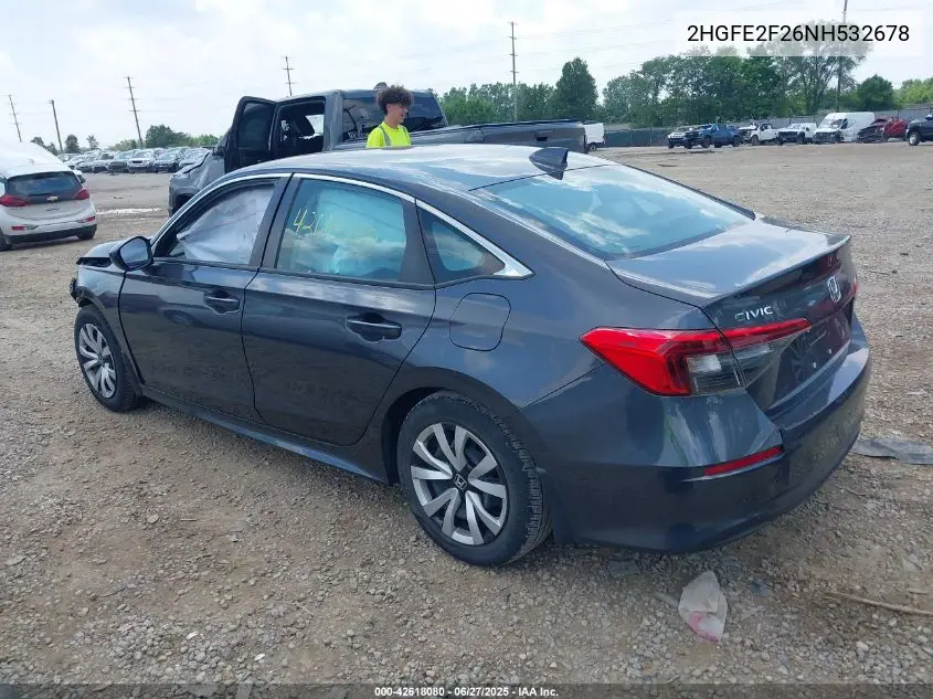 2022 Honda Civic Lx VIN: 2HGFE2F26NH532678 Lot: 42618080