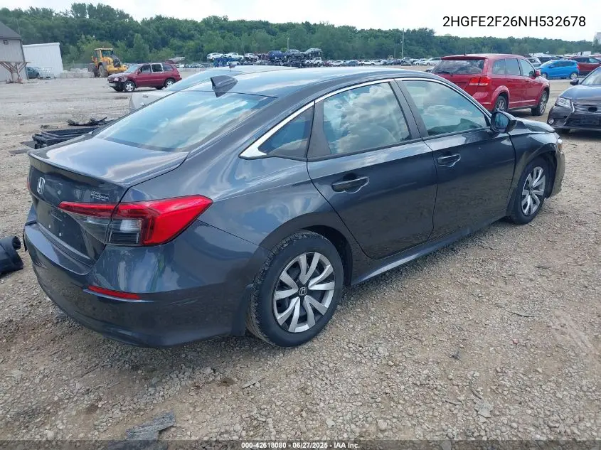 2022 Honda Civic Lx VIN: 2HGFE2F26NH532678 Lot: 42618080