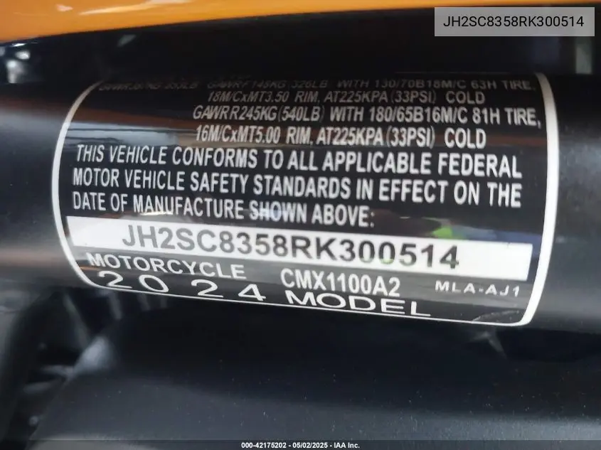 2024 Honda Cmx1100 T VIN: JH2SC8358RK300514 Lot: 42175202