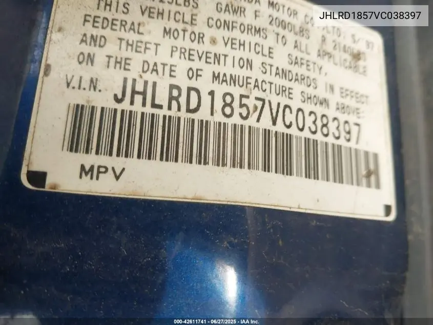 1997 Honda Cr-V VIN: JHLRD1857VC038397 Lot: 42611741