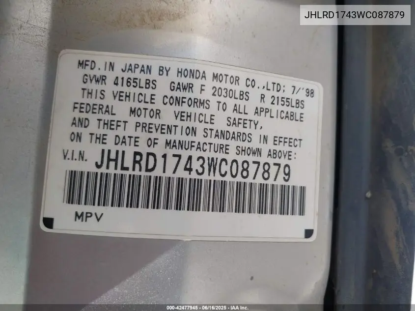 1998 Honda Cr-V Lx VIN: JHLRD1743WC087879 Lot: 42477945