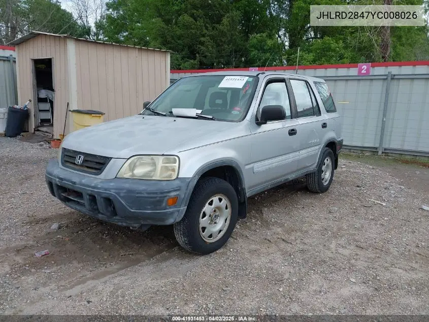 2000 Honda Cr-V Lx VIN: JHLRD2847YC008026 Lot: 41931453