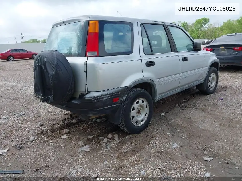 2000 Honda Cr-V Lx VIN: JHLRD2847YC008026 Lot: 41931453