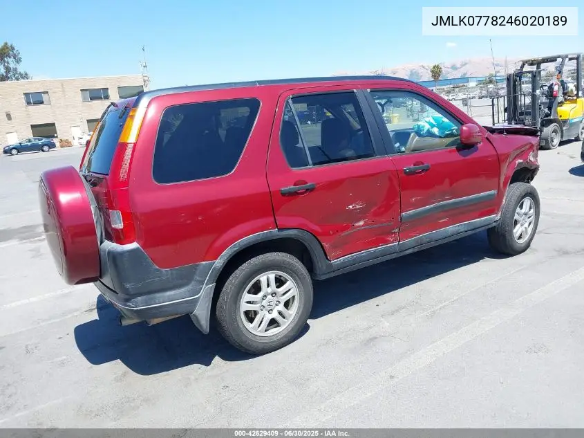 2004 Honda Crv VIN: JMLK0778246020189 Lot: 42629409