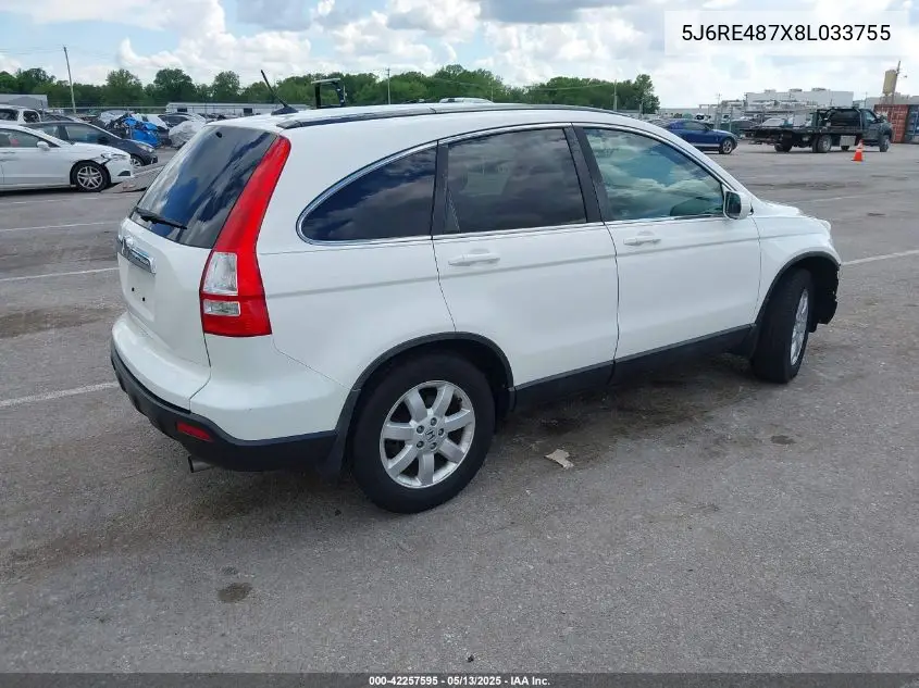 2008 Honda Cr-V Ex-L VIN: 5J6RE487X8L033755 Lot: 42257595