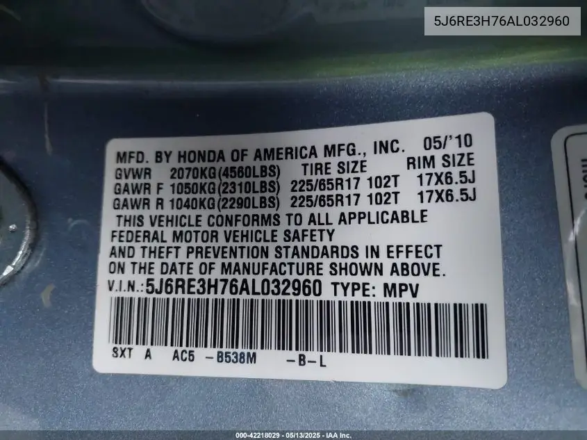 2010 Honda Cr-V Ex-L VIN: 5J6RE3H76AL032960 Lot: 42218029
