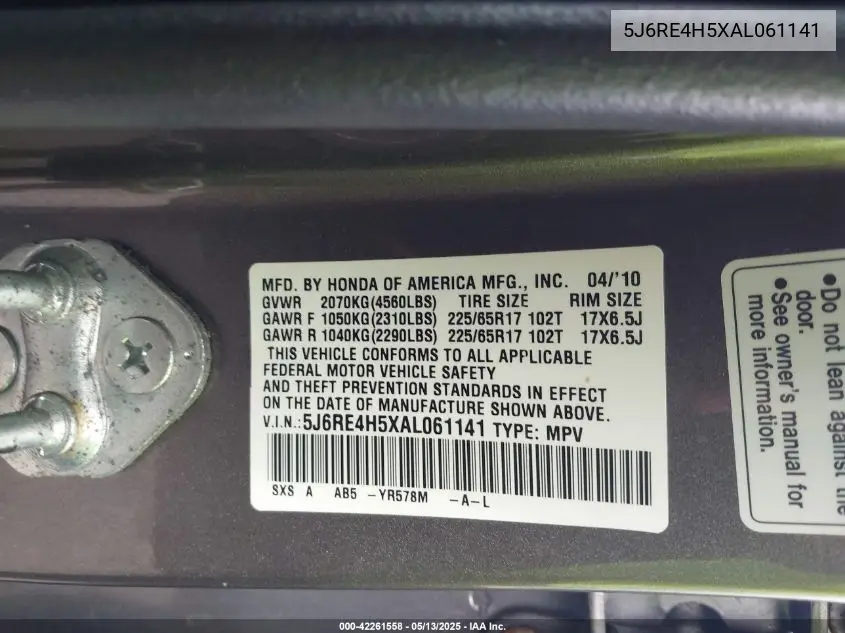 2010 Honda Cr-V Ex VIN: 5J6RE4H5XAL061141 Lot: 42261558
