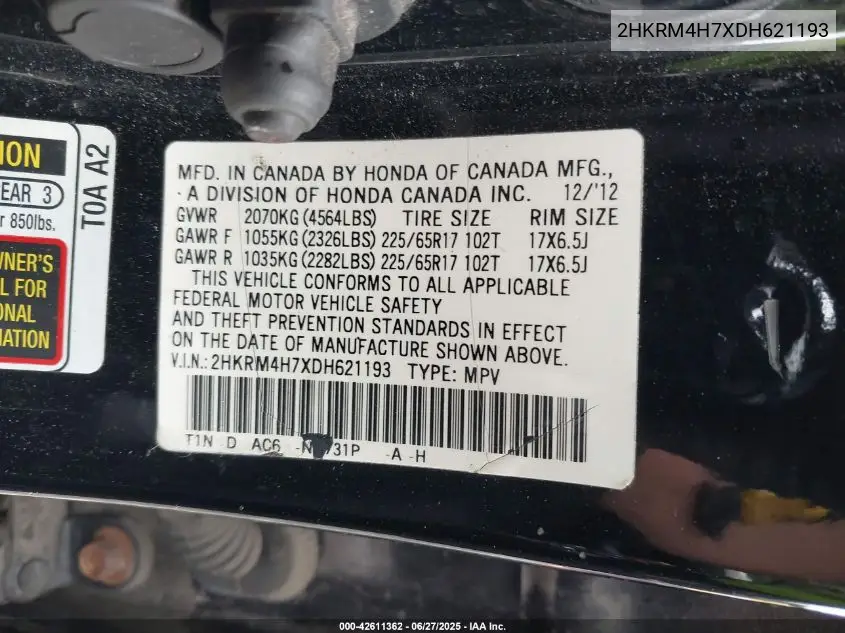 2013 Honda Cr-V Ex-L VIN: 2HKRM4H7XDH621193 Lot: 42611362
