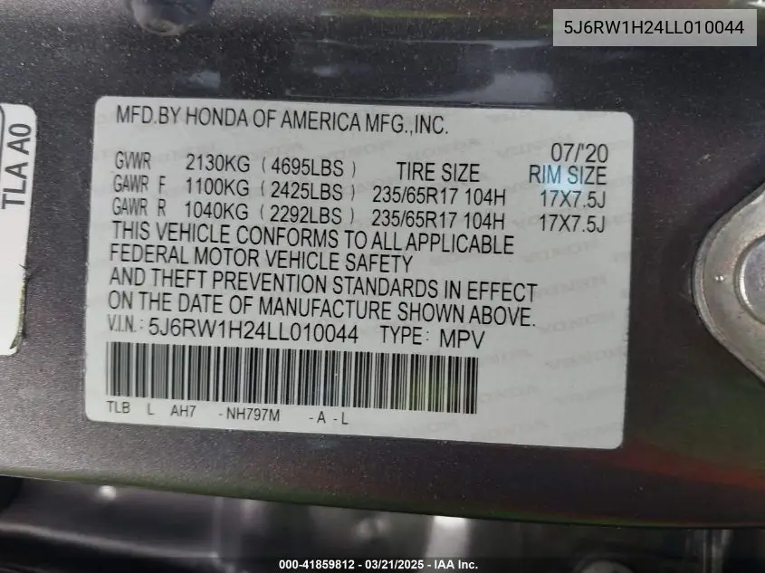 2020 Honda Cr-V 2Wd Lx VIN: 5J6RW1H24LL010044 Lot: 41859812