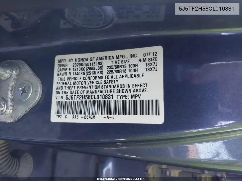 2012 Honda Crosstour Ex-L VIN: 5J6TF2H58CL010831 Lot: 42440446
