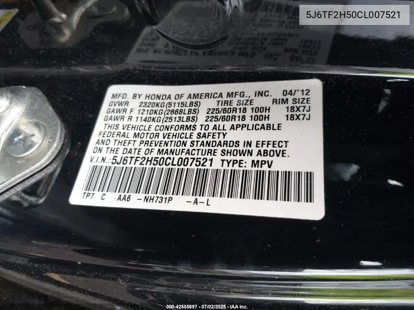 2012 Honda Crosstour Ex-L VIN: 5J6TF2H50CL007521 Lot: 42585697