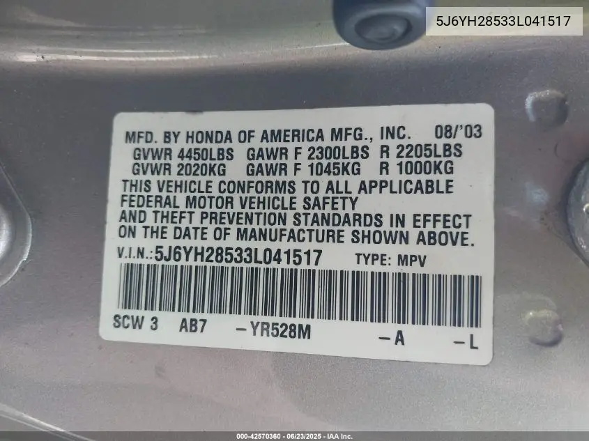 2003 Honda Element Ex VIN: 5J6YH28533L041517 Lot: 42570360