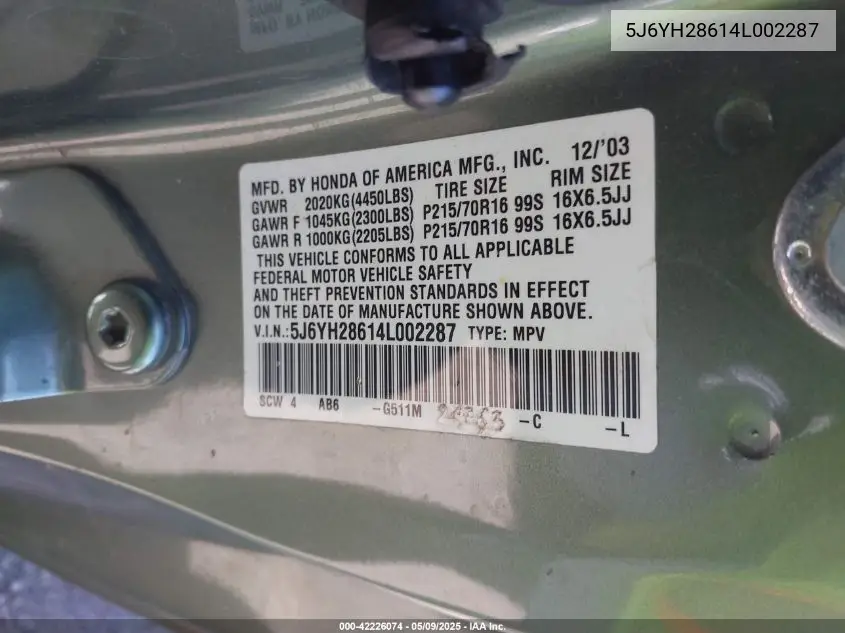 2004 Honda Element Ex VIN: 5J6YH28614L002287 Lot: 42226074