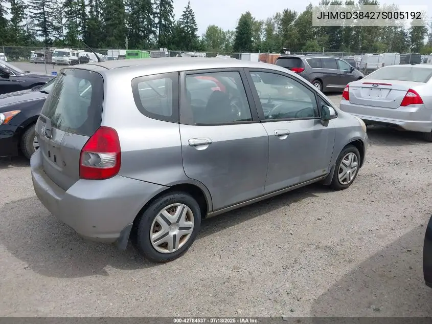 2007 Honda Fit VIN: JHMGD38427S005192 Lot: 42784537