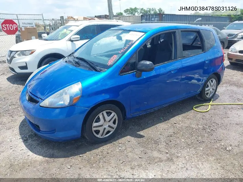 2008 Honda Fit VIN: JHMGD38478S031126 Lot: 42623411