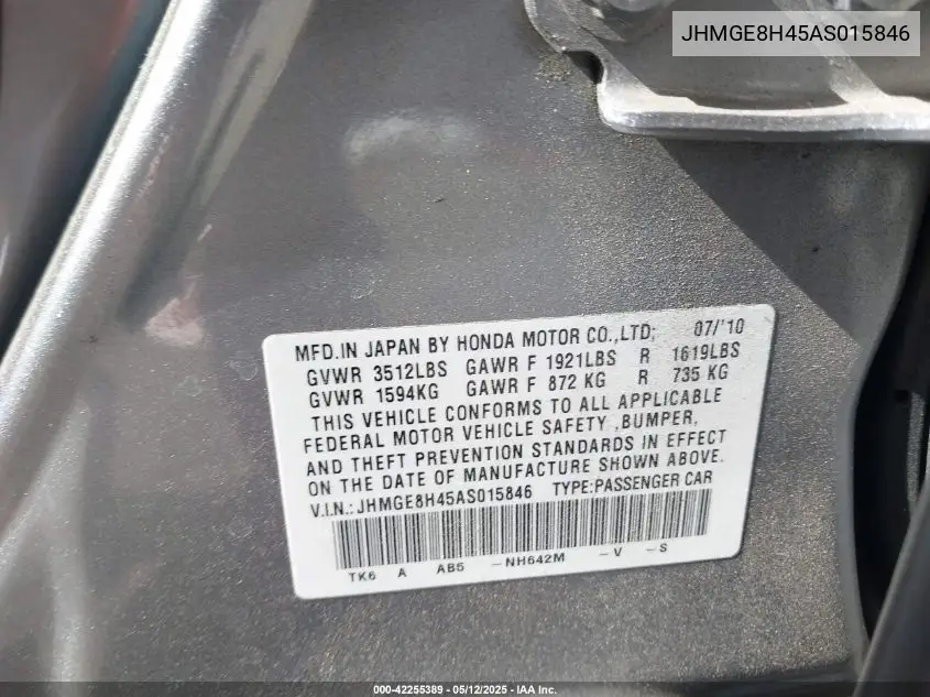 2010 Honda Fit Sport VIN: JHMGE8H45AS015846 Lot: 42255389