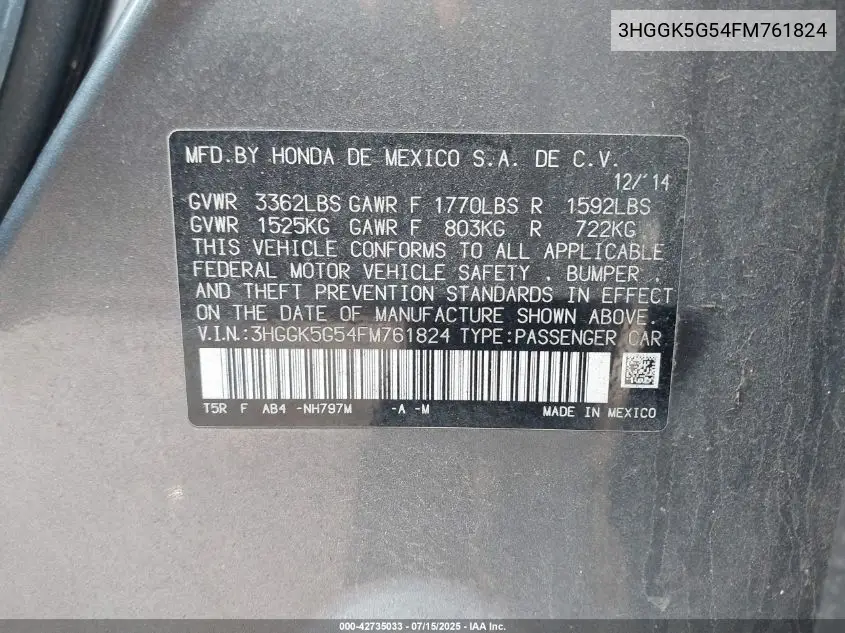 2015 Honda Fit Lx VIN: 3HGGK5G54FM761824 Lot: 42735033