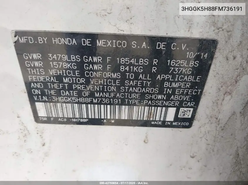 2015 Honda Fit Ex/Ex-L VIN: 3HGGK5H88FM736191 Lot: 42765654