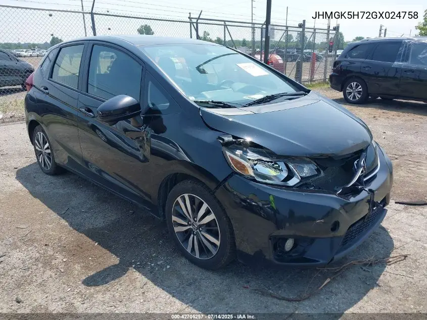 2016 Honda Fit Ex VIN: JHMGK5H72GX024758 Lot: 42705297