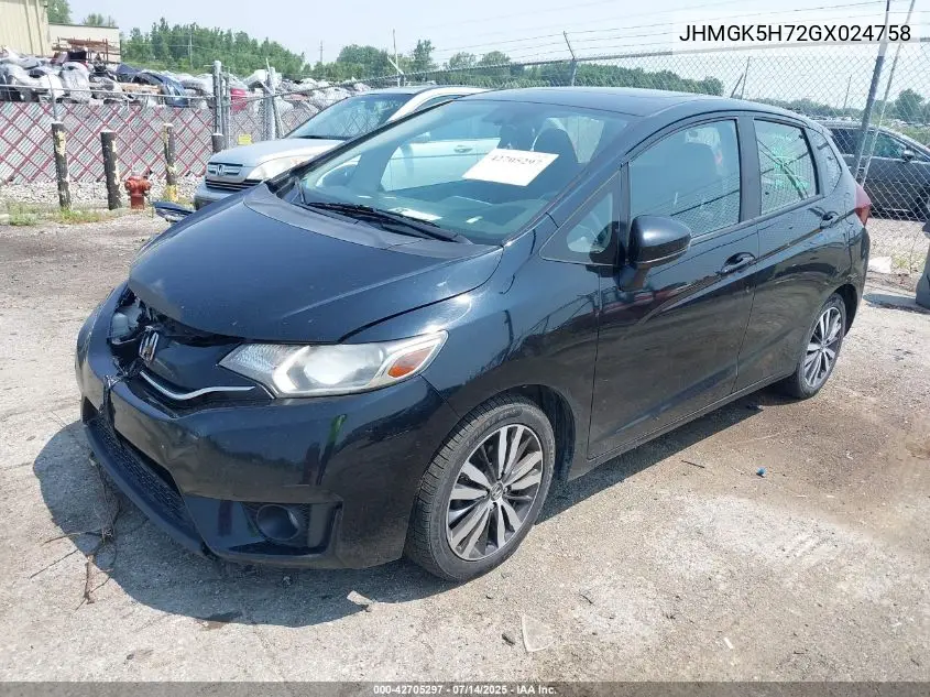 2016 Honda Fit Ex VIN: JHMGK5H72GX024758 Lot: 42705297