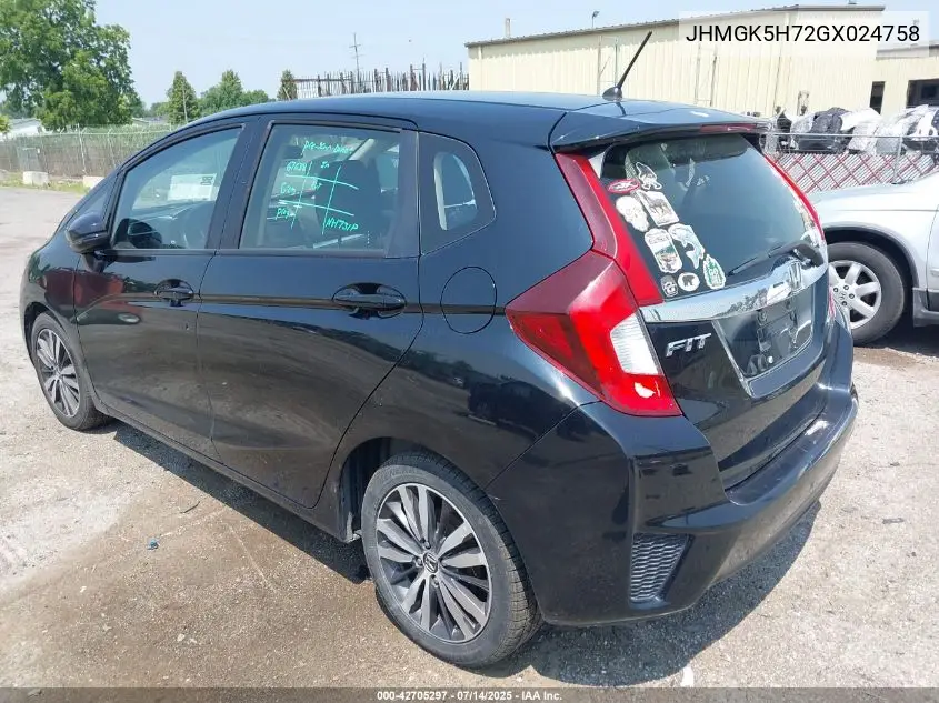 2016 Honda Fit Ex VIN: JHMGK5H72GX024758 Lot: 42705297