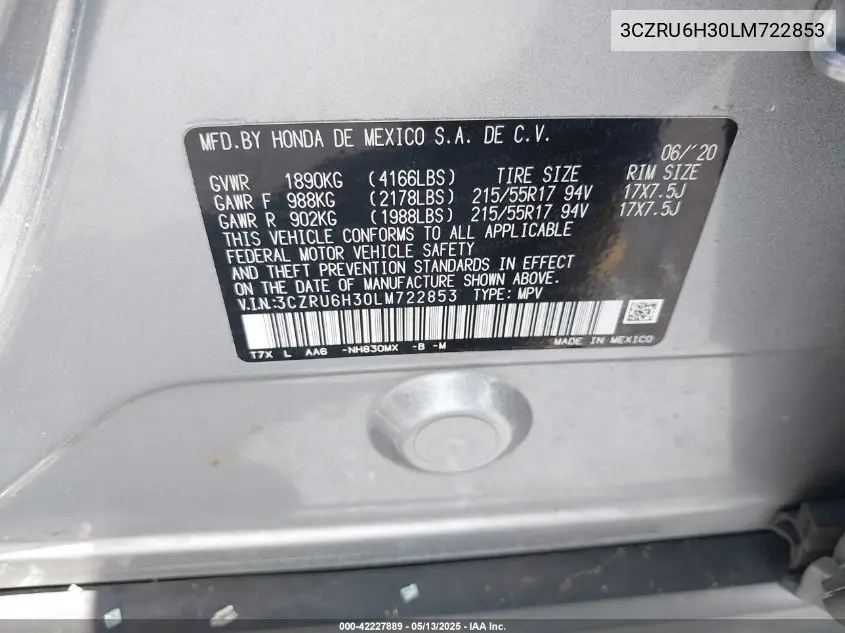 2020 Honda Hr-V Awd Lx VIN: 3CZRU6H30LM722853 Lot: 42227889