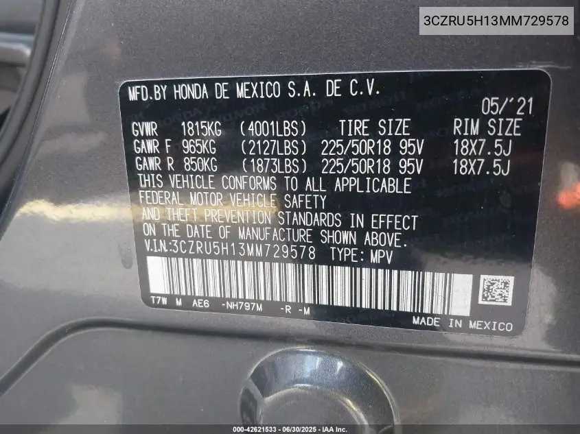 2021 Honda Hr-V 2Wd Sport VIN: 3CZRU5H13MM729578 Lot: 42621533