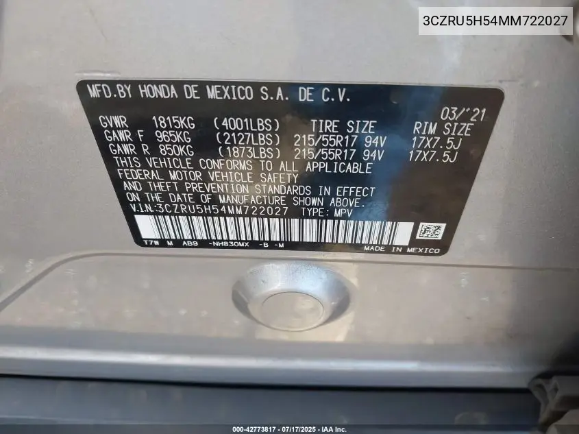 2021 Honda Hr-V 2Wd Ex VIN: 3CZRU5H54MM722027 Lot: 42773817