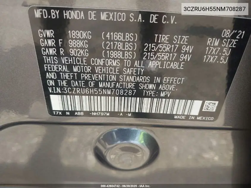 2022 Honda Hr-V Awd Ex VIN: 3CZRU6H55NM708287 Lot: 42604742
