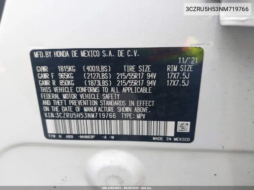 2022 Honda Hr-V 2Wd Ex VIN: 3CZRU5H53NM719766 Lot: 42624903