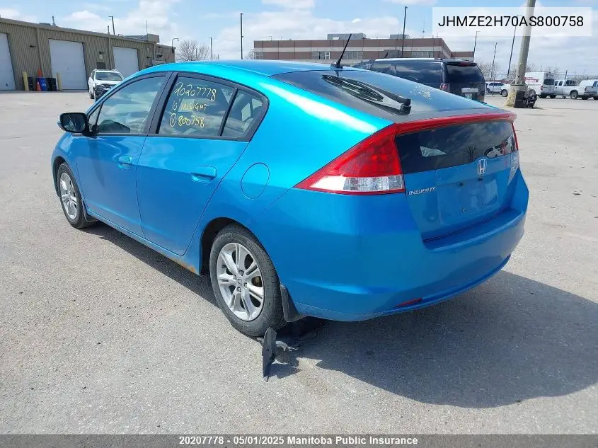 2010 Honda Insight Ex VIN: JHMZE2H70AS800758 Lot: 20207778