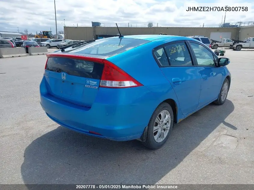 2010 Honda Insight Ex VIN: JHMZE2H70AS800758 Lot: 20207778