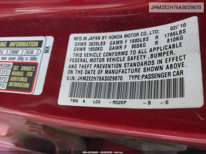 2010 Honda Insight Ex VIN: JHMZE2H76AS029870 Lot: 42220405