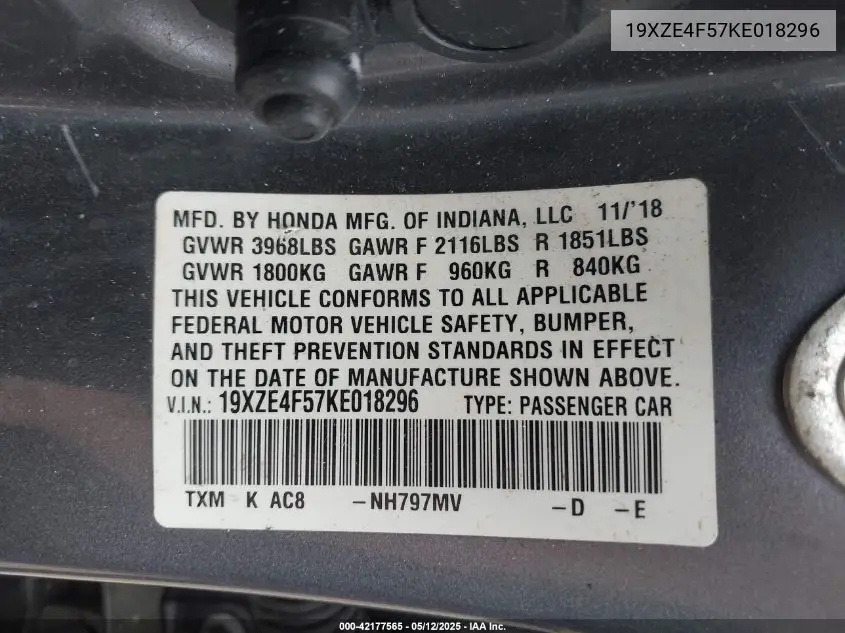 2019 Honda Insight Ex VIN: 19XZE4F57KE018296 Lot: 42177565