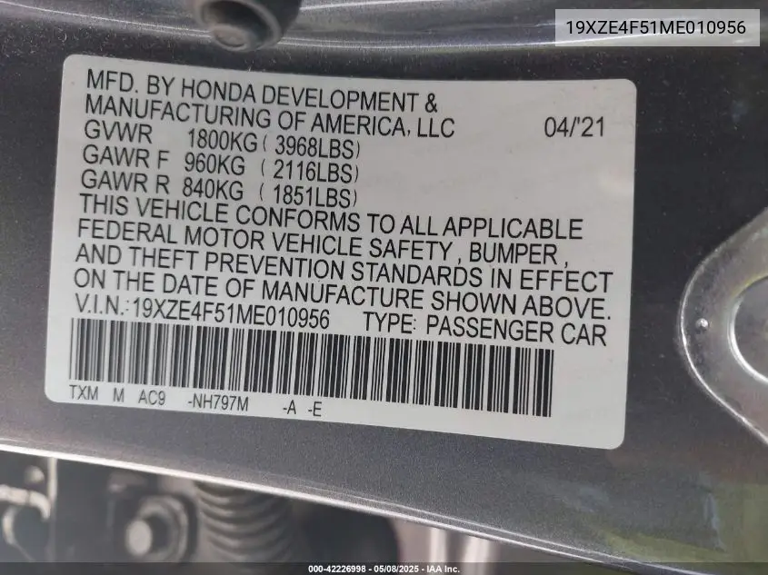 2021 Honda Insight Ex VIN: 19XZE4F51ME010956 Lot: 42226998
