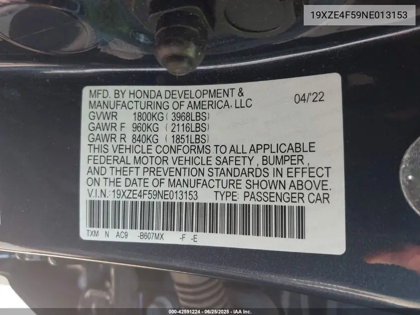 2022 Honda Insight Ex VIN: 19XZE4F59NE013153 Lot: 42591224
