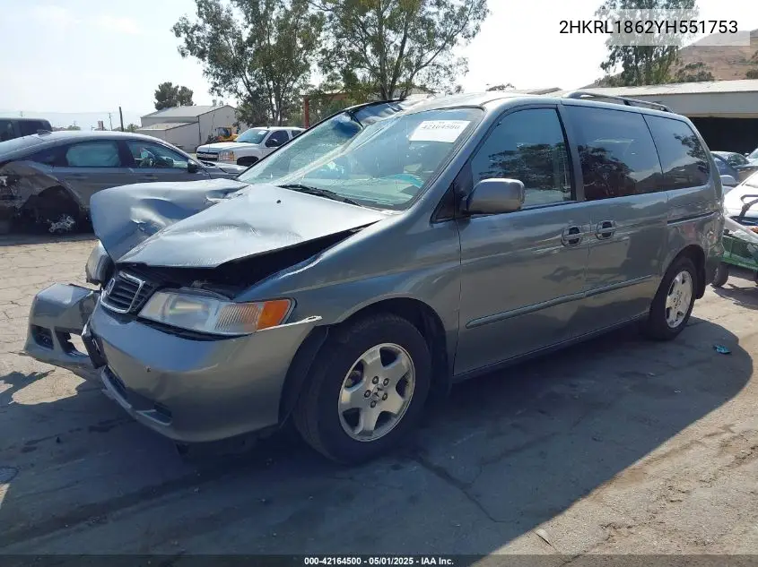 2000 Honda Odyssey Ex VIN: 2HKRL1862YH551753 Lot: 42164500