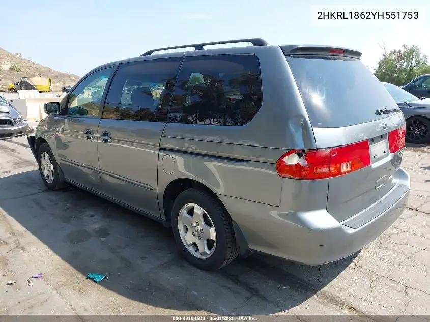 2000 Honda Odyssey Ex VIN: 2HKRL1862YH551753 Lot: 42164500