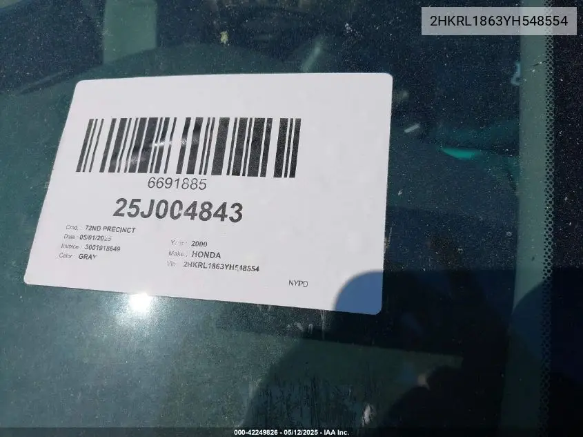 2000 Honda Odyssey Ex VIN: 2HKRL1863YH548554 Lot: 42249826