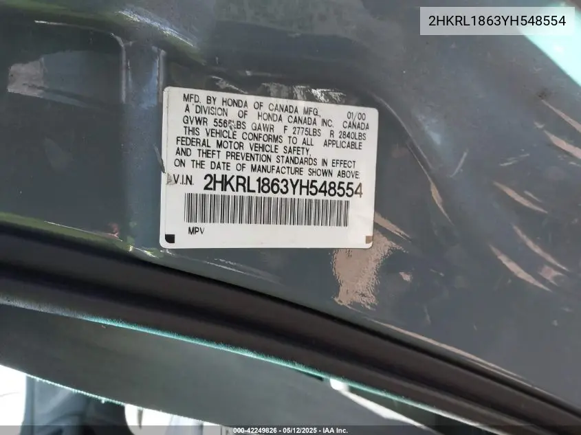 2000 Honda Odyssey Ex VIN: 2HKRL1863YH548554 Lot: 42249826