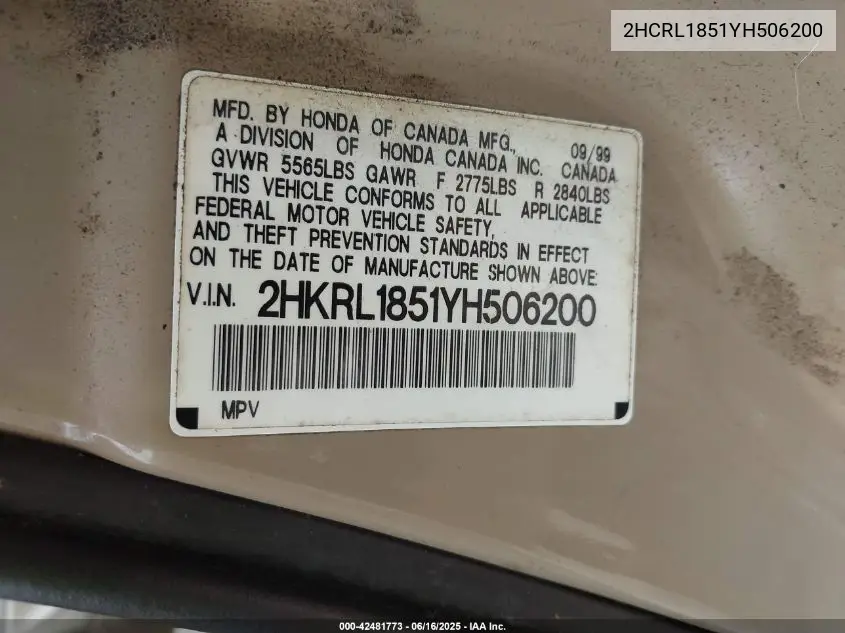 2000 Honda Odyssey VIN: 2HCRL1851YH506200 Lot: 42481773