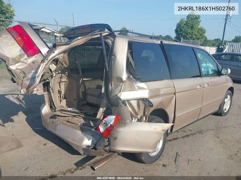 2001 Honda Odyssey Ex VIN: 2HKRL186X1H502760 Lot: 42574000